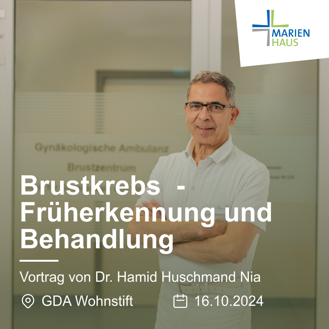 Plakat für Vortrag 'Brustkrebs - Früherkennung und Behandlung' von Dr. Hamid Huschmand Nia am 16.10.2024 im GDA Wohnstift, Marienhaus-Logo oben rechts