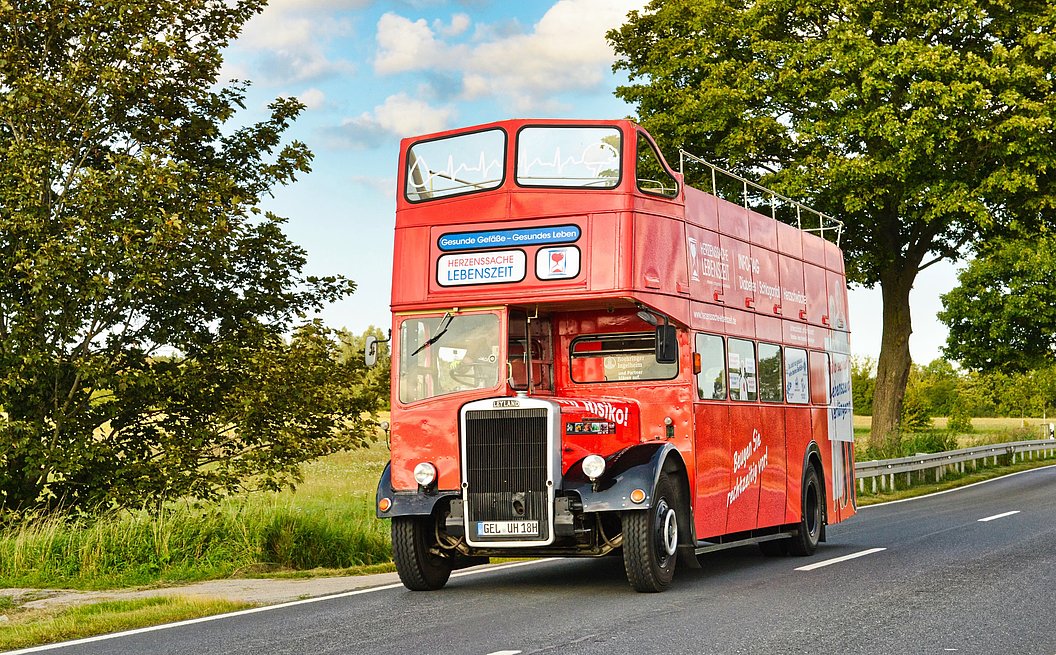 Roter historischer Doppeldeckerbus fährt auf Landstraße mit Bäumen und Wiese im Hintergrund