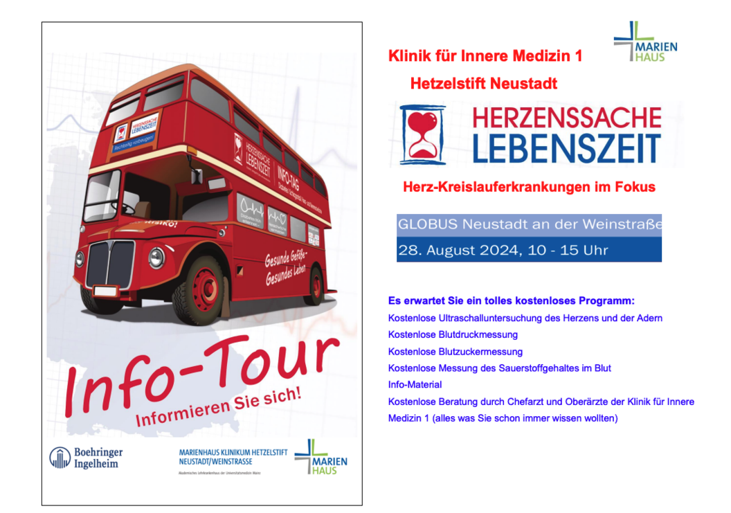 Roter Doppeldeckerbus mit Aufschrift 'Info-Tour Informieren Sie sich!' neben Text zu kostenlosem Programm der Klinik für Innere Medizin 1 am 28. August 2024 in Neustadt