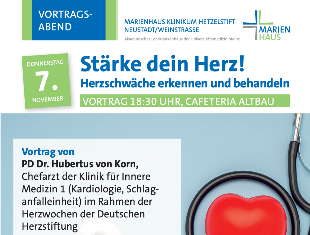 Ankündigung eines Vortrags am 7. November um 18:30 Uhr im Marienhaus Klinikum Hetzelstift über Herzschwäche mit PD Dr. Hubertus von Korn