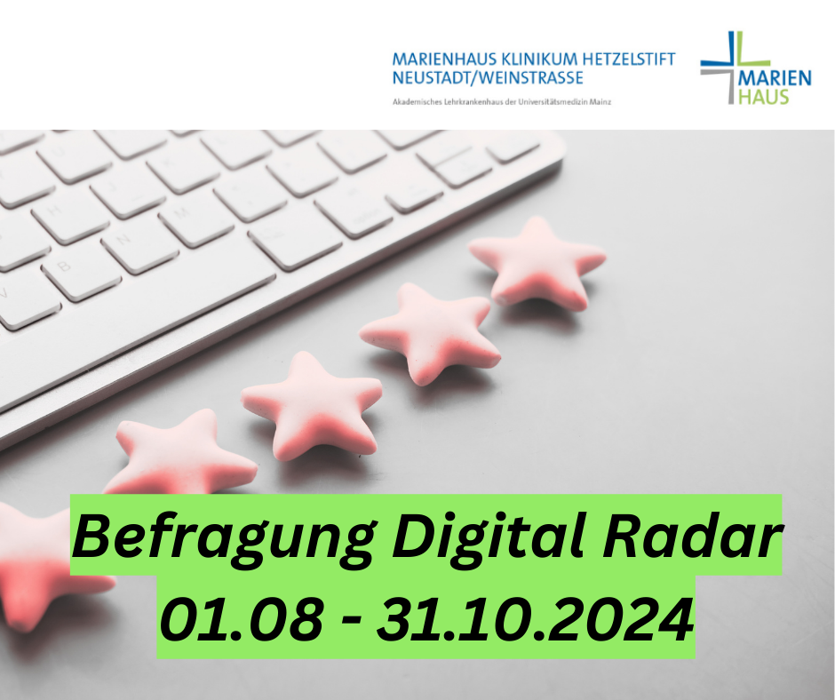 Vier rosa Sterne neben einer Tastatur, darüber das Logo von Marienhaus Klinikum Hetzelstift Neustadt/Weinstraße, darunter Schriftzug 'Befragung Digital Radar 